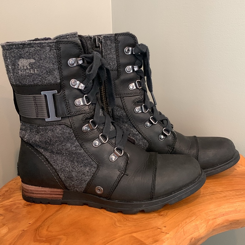 Sorel Major Carly Winter Boots Black Gray Leather NL2324-010 Mid Calf 7.5 - Picture 2 of 10